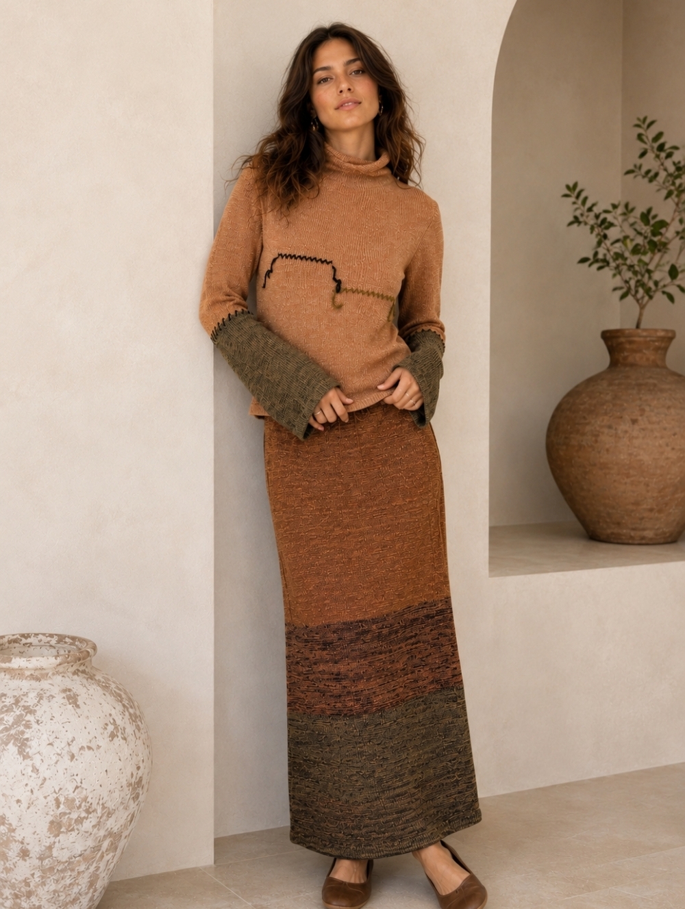 2/$80 Rust & Olive Linen Knit Two Piece Set Turtleneck Sweater Maxi Skirt Size S